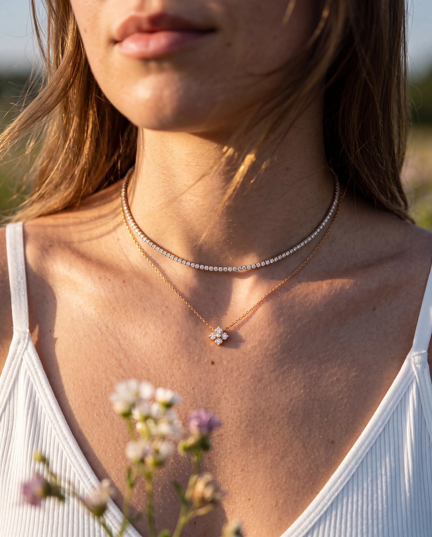 CADENA DOBLE FLOR CIRCONIA